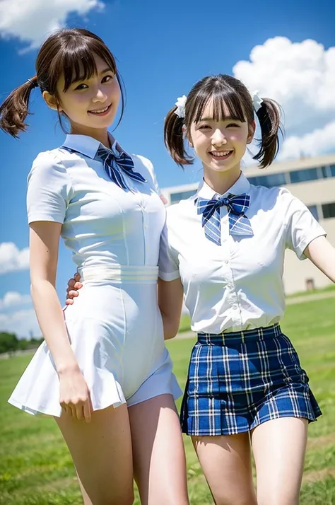 2 girls standing in school field,summer cloud in blue sky,white short-sleeved shirt over white leotard ,plaid bow tie,18-year-old,bangs,a little smile,thighs,knees,short hair with low pigtails bunches with ribbon bow,from below,front light