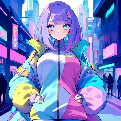 Futuristic anime cool hip-hop girl, long asymmetrical purple hair with blue tips, blue eyes, wearing a high-tech big hip-hop cloth with LED accents, cyberpunk LED accessories. Confident Posing as hip-hop and grab coffee.  The bubblegum candy world City of ...