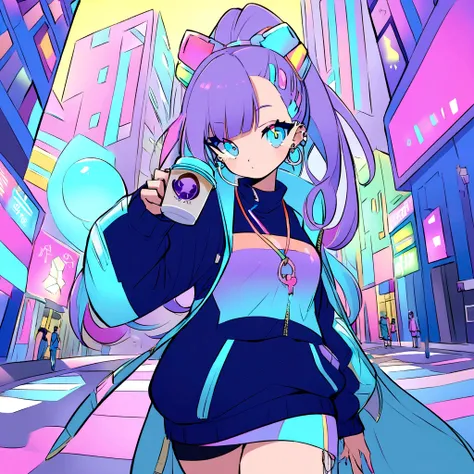 Futuristic anime cool hip-hop girl, long asymmetrical purple hair with blue tips, blue eyes, wearing a high-tech big hip-hop cloth with LED accents, cyberpunk LED accessories. Confident Posing as hip-hop and grab coffee.  The bubblegum candy world City of ...