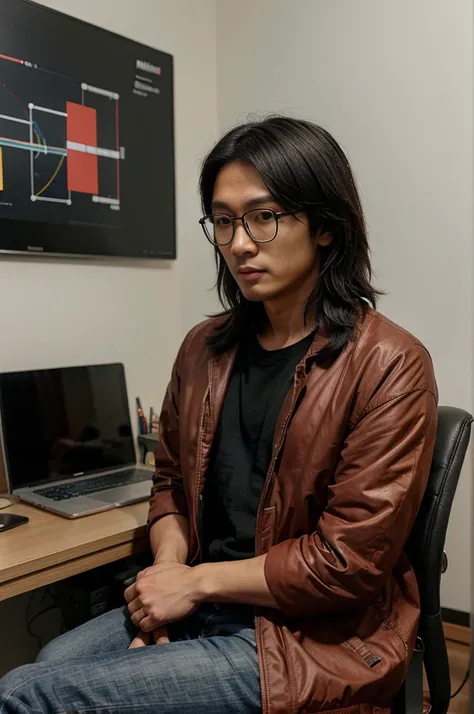 Asian , Singaporean,man,27 years , black , medium length hair, round glasses , casual clothing , red jacket, sits against the background of an office space and charts,Opposite MacBook,Realism,эпик Realism