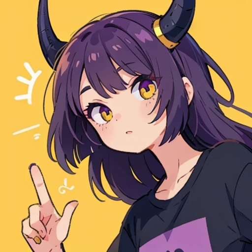 masterpiece, Highest quality, One Woman, Dark purple hair, Glowing yellow eyes, , Making a peace sign, Plain black T-shirt, Shenron-like horns, Simple Background, Face close-up