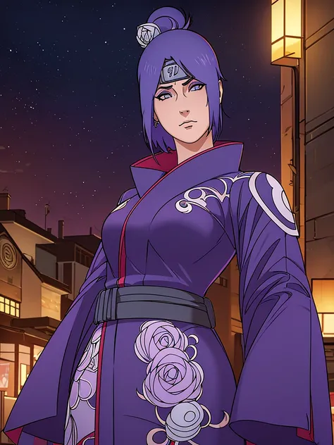 Just one girl,Best quality, 4k, high resolution, body stuck dress, perfect smile, gorgeous, light skin, ahegao face(hentai face) ,purple hair, (konan from narutos hair style),wearing A short dark blue kimono with a darker blue obi belt and
She wears her fo...