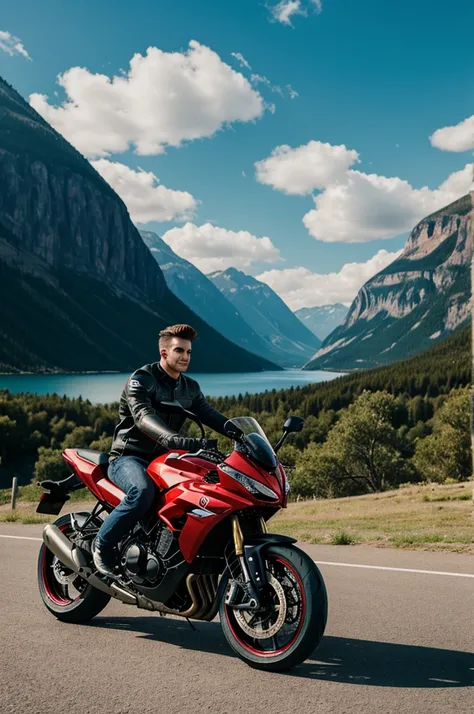 Create an attractive young man on a motorcycle next to a landscape