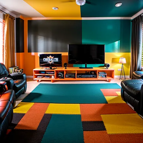 teal and orange colour combination gaming room design 