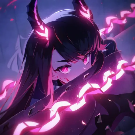 anime girl with horns and glowing eyes in a dark room, shalltear from overlord, irelia, demon anime girl, best anime 4k konachan wallpaper, anime style 4 k, shalltear bloodfallen, kda, from arknights, irelia from league of legends, badass anime 8 k, from l...