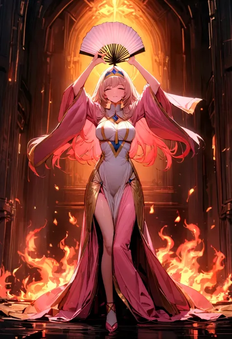 High Frequency: 1.8, Rich Detail, Masterpiece, 8K, Beautiful Priestess in Pink Shirt Standing in front of Fire, Dancing, Hands Waving Fan, Fan on Fire, Flames Surround Priestessess, Burning Battlefield Background,  