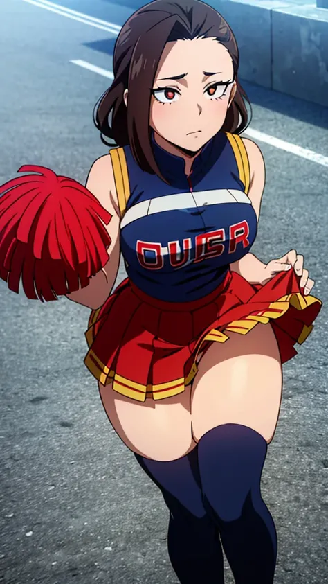 Yaoyorozu , standing , pov from top , big eyes , beautiful face , eyelashes , hot , cheerleader outfit , my hero academia style , big round breasts , sexy , thighs , anime style , cell shading , revealing thighs , side view , lifted skirt , sexy ass , curl...