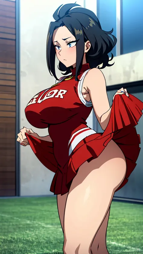 Yaoyorozu , standing , pov from top , big eyes , beautiful face , eyelashes , hot , cheerleader outfit , my hero academia style , big round breasts , sexy , thighs , anime style , cell shading , revealing thighs , side view , lifted skirt , sexy ass , curl...