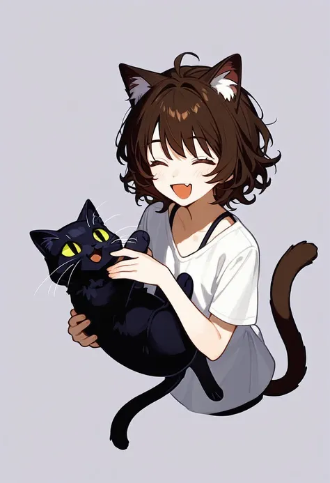 (score_9,score_8_above,score_7_above,score_6_above,S),1 girl,cloSed eyeS,SonriSa,holding ANIMAL,Open mouth,blush,holding,Solo,cat,white background,Pelo caStaño,aboveper body,ANIMAL,golpeS,short hair,dienteS,ingeStaS de cabello,frente al eSpectador,mangaS l...