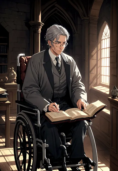 a young adult man with slightly gray hair, professors glasses, using a wheelchair, medieval era research center, detailed face, anime, pixiv, masterpiece, 8k, intricate details, cinematic lighting, dramatic atmosphere, warm tones, historical architecture, ...