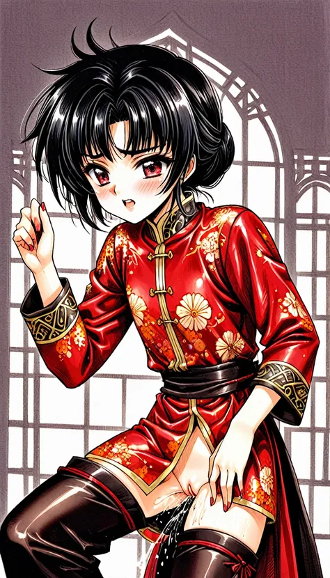 A tragic historical drama in 8k live-action style: Beautiful palace secrets　Beautiful 10 year old Chinese Kung Fu girl princess with short black hair is made to wear red flower print shiny pants exposing her pussy for pooping　Gorgeous embroidery, Ultra glo...