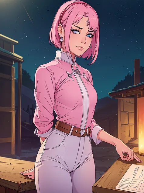 Just one girl,Best quality, 4k, high resolution, body stuck dress, perfect smile, gorgeous, light skin, ahegao face(hentai face) ,pink hair,b(Sakura hair style),wearing A short pink blouse with  obi belt and
wears tight white jean pant, 1 girl, solo, seduc...