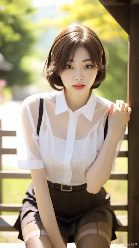 Korean 、summer  shirt、Tight shirt、Ribbon Ties、skirt by the、schools、stairs at school、chest lifting pose、Emphasis on the chest、Slender and large、8K raw photos、A high resolution、18-year-old Korean、embarrassing looking、very large round breasts、Beautiful eyes f...