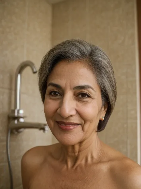 her name is Natividad, middle-aged Qatari woman, (snub nose), (50 years old), (short hair), (wrinkles), 1girl, solo, smile, nude and naked inside the classy bathroom