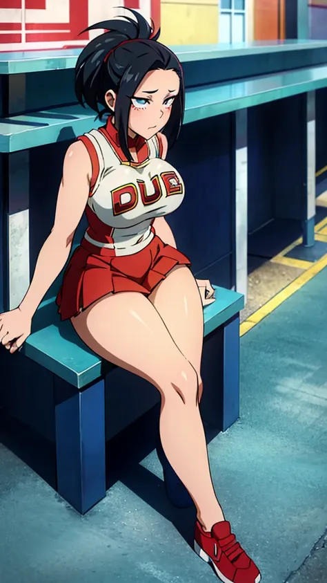 yaoyorozu , big eyes , beautiful face , eyelashes , hot , cheerleader outfit , my hero academia style , big round breasts , sexy...