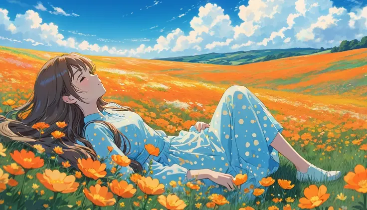 A girl with long hair is reclining in a field of vibrant orange and yellow flowers. Shes leaning against a hill, her head resting on her hand as she gazes into the distance. The sky above is a clear blue, dotted with fluffy white clouds. The image features...