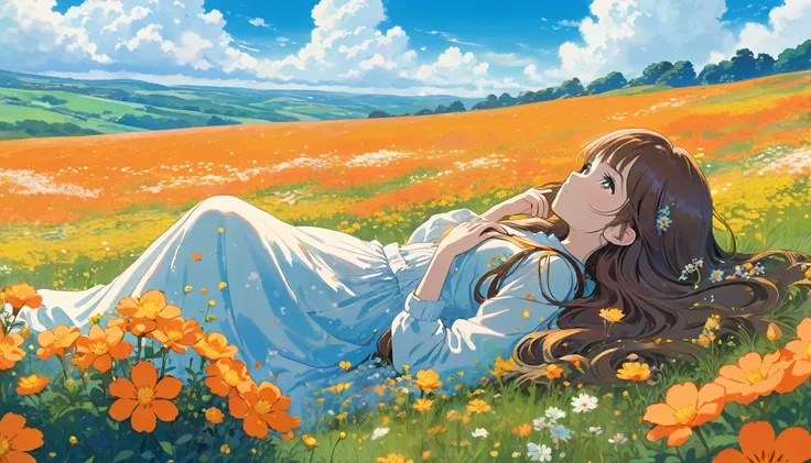 A girl with long hair is reclining in a field of vibrant orange and yellow flowers. Shes leaning against a hill, her head resting on her hand as she gazes into the distance. The sky above is a clear blue, dotted with fluffy white clouds. The image features...