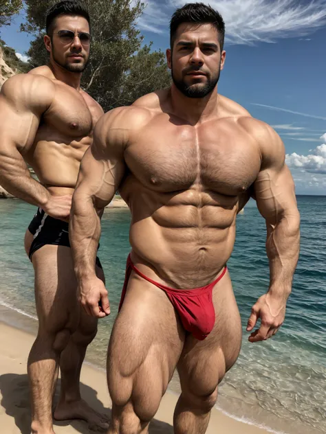 Ultra wide angle，(Medium shot of two handsome guys)，twin，Male love，plump breasts，swelling of chest muscles，Full chest muscles，swelling of chest muscles，Sweat，Skin is moisturized and shiny，(face slimming)，small head，short hair，beard，Sexy and charming expres...