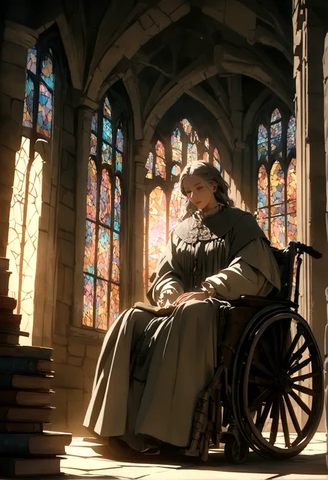 a professor in a wheelchair at a medieval research center, extremely detailed, anime, cinematic lighting, dramatic composition, award-winning digital art, 8k, intricate details, chiaroscuro, muted color palette, medieval era, detailed machinery and scienti...