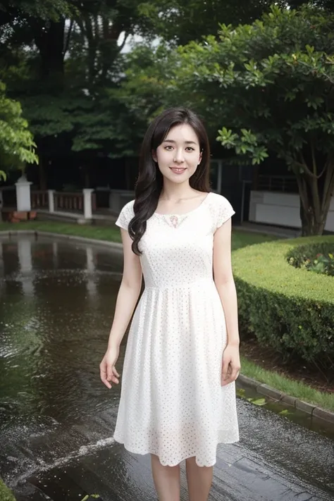 A young Asian woman with long dark hair wearing a white polka dot dress standing in the rain