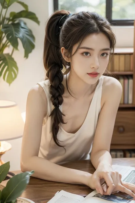 (((best quality))),(((ultra detailed))),(((masterpiece))),illustration,((1 beautiful girl, college student,solo)),((slim,thin,small breasts,flat chest)),(short ponytail:1.2),(sleeveless shirt:1.2), studying, books, dormitory, summer afternoon, sky, gloomy ...