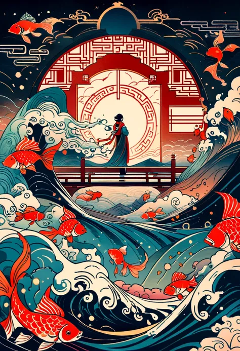 huge arch leading,a persons back,illustration poster design, graphic design,gold and red,Chinese epic style,beautiful ancient Chinese architecture, auspicious clouds, goldfish, exaggerated waves, flowers, water flow, abstract illustration, edge light, drea...