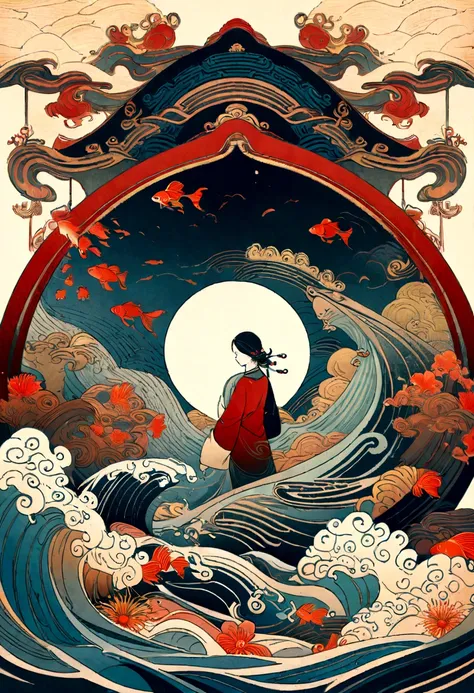 huge arch leading,a persons back,illustration poster design, graphic design,gold and red,Chinese epic style,beautiful ancient Chinese architecture, auspicious clouds, goldfish, exaggerated waves, flowers, water flow, abstract illustration, edge light, drea...