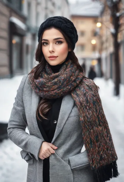 ✅Hair with braid and winter scarf a sophisticated businesswoman, with black hair braided on the sides and down to the shoulders, Linda, elegant and sophisticated in formal clothes and blazer and winter and the winter scarf with fur PASHMINA winter elegant ...