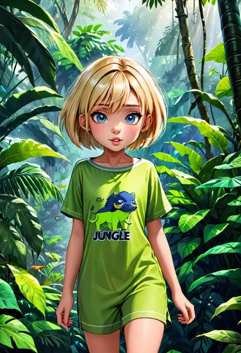 a handsome cute 8 years old , blonde bob haircut, 1500 outfit, at the jungle