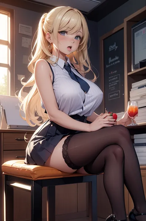 (masterpiece, best quality, 4k, photorealistic, cinematic, ultra-detailed), wide shot, full body, perfect anatomy, curvaceous body, long round legs, 1 girl, blonde hair, sitting in an office chair, crossing her legs, Lavender sleeveless blouse, baby blue p...