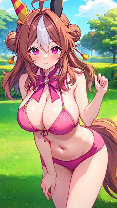 Highest quality,masterpiece, Highest Resolution, nsfw, 1 girl, topless, huge breasts,pink nipple, belly button,outdoor, blush, standing, horse ears, horse tail, Copano Rickey