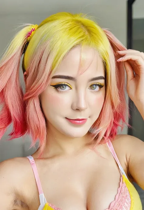 (Masterpiece, Best Quality:1.2), 1 girl, just girl, flaquita, perfect body,white,Nice smile,((detailed face)),daring clothing,pink cheeks, Yellow hair, eyeliner