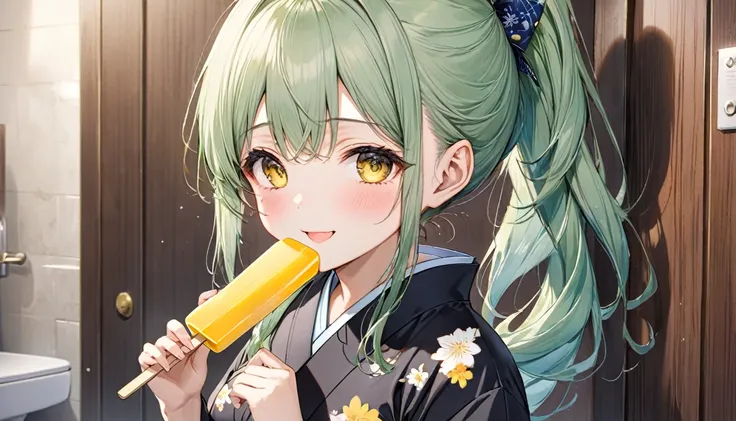 (Licking a popsicle style) (solo:2, 15 yo ponytail green long hair cute girl, cute yellow eyes, love smile, medium tits), (in a cute yukata), break, (in the Rest room at inn), BREAK, perfect anatomy, masterpiece, best quality, 16k, beautiful detailed hot, ...