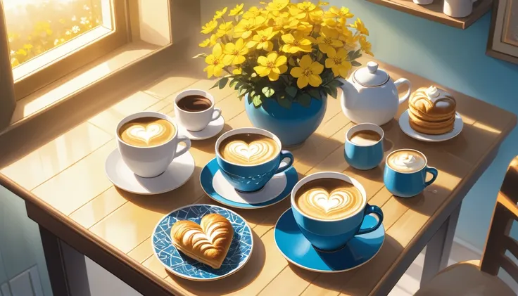 Create an image featuring a cozy morning scene with a focus on a cup of coffee with heart-shaped latte art. The setting includes a piano in the background, indicating a musical theme. The table holds the coffee cup, which is placed on an intricately design...