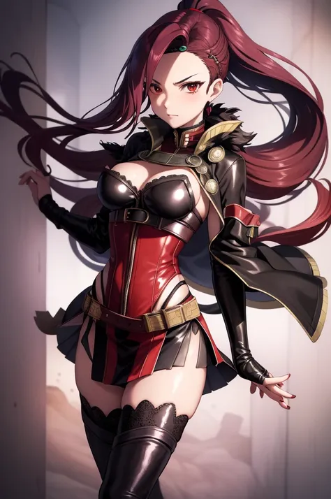 Rogue human woman, with red hair and black streaks, long high ponytail, white corset, black mini skirt, black thigh high boots, black jacket, with a dagger
