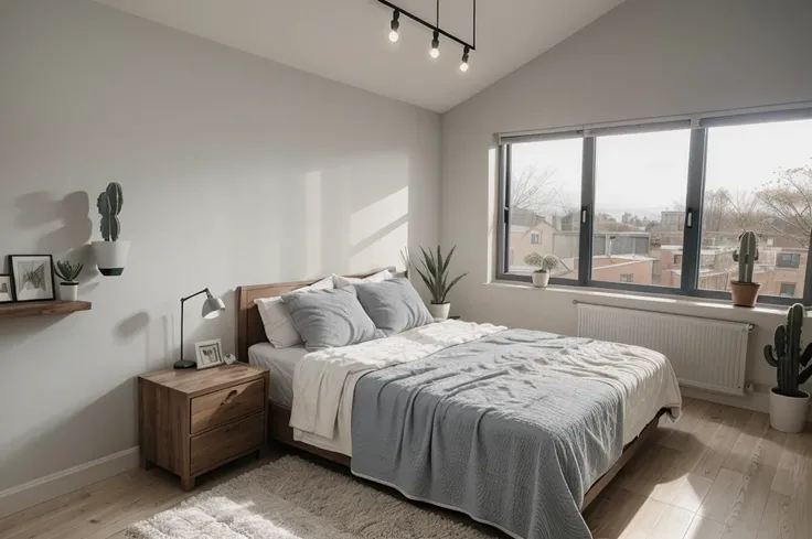 there is a bed with a blanket and pillows in a room, bedroom interior, picture of a loft in morning, fresh modern look, serene bedroom setting, small bedroom, cozy and calm, soft grey and blue natural light, inside of a bedroom, cozy bed, bedroom backgroun...