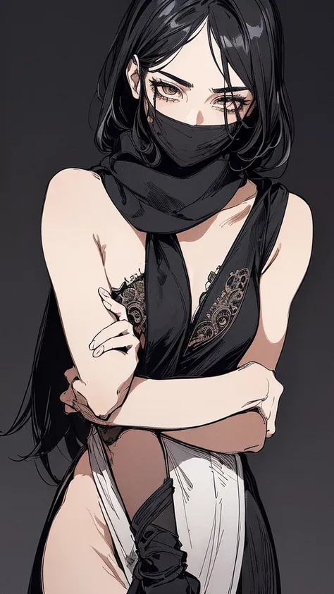 Top quality, (background details), high contrast, one very beautiful woman, detailed original illustration, functional, delicate face, ninja, black ninja costume, black hair, scarf, face hidden by hand towel, attractive, bad girl, sexy, real breasts, small...