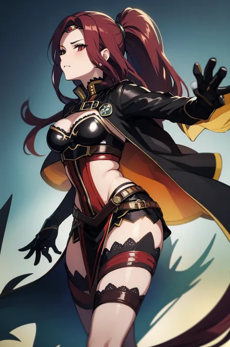 Rogue human woman, with red hair and black streaks, long high ponytail, white corset, black mini skirt, black thigh high boots, black jacket, with a dagger
