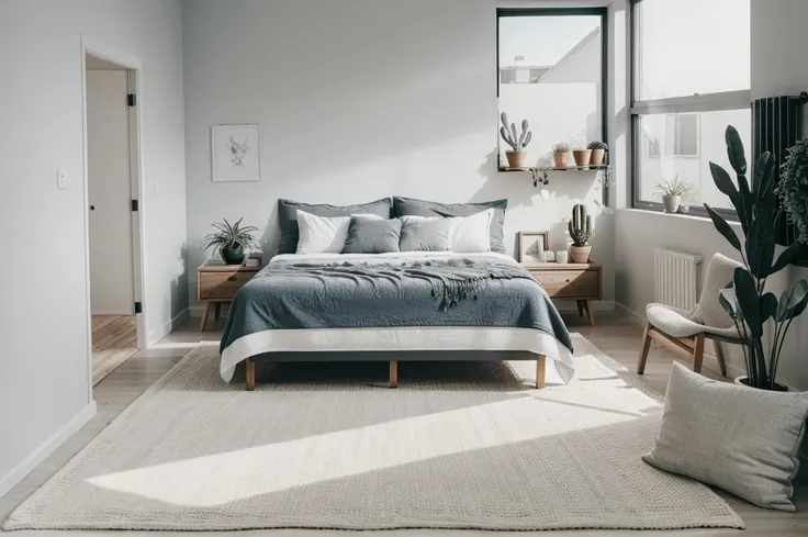 there is a bed with a blanket and pillows in a room, bedroom interior, picture of a loft in morning, fresh modern look, serene bedroom setting, small bedroom, cozy and calm, soft grey and blue natural light, inside of a bedroom, cozy bed, bedroom backgroun...