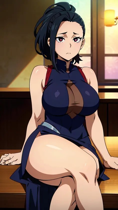 A beautiful anime-style girl, Yaoyorozu, with big eyes, long eyelashes, and a gorgeous face, wearing a sexy, revealing outfit that shows off her big round breasts and thighs, sitting at a bar in an anime-inspired cell shading art style, masterpiece, best q...