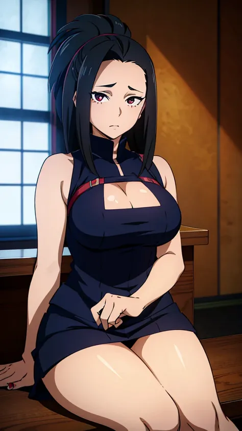 A beautiful anime-style girl, Yaoyorozu, with big eyes, long eyelashes, and a gorgeous face, wearing a sexy, revealing outfit that shows off her big round breasts and thighs, sitting at a bar in an anime-inspired cell shading art style, masterpiece, best q...