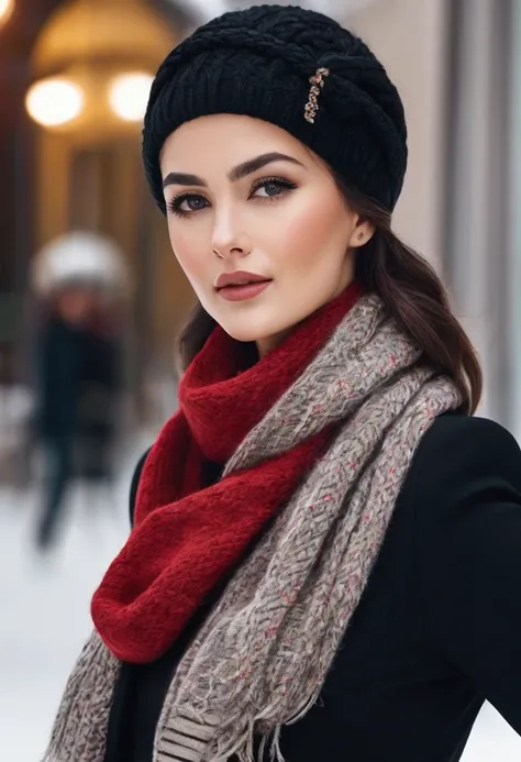 ✅Hair with braid and winter scarf a sophisticated businesswoman, with black hair braided on the sides and down to the shoulders, Linda, elegant and sophisticated in formal clothes and blazer and winter and the winter scarf with fur PASHMINA winter elegant ...