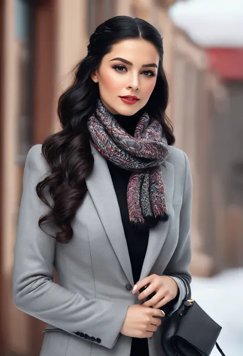 ✅Hair with braid and winter scarf a sophisticated businesswoman, with black hair braided on the sides and down to the shoulders, Linda, elegant and sophisticated in formal clothes and blazer and winter and the winter scarf with fur PASHMINA winter elegant ...