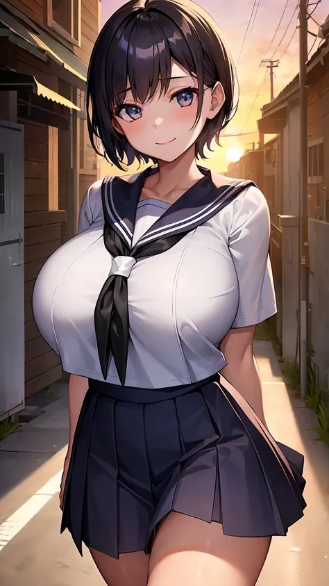 ​(sunset, crossing, neighborhood, schoolway, alley:1.4), high resolution, extremely detailed CG, unity 8k wallpaper, super detailed skin, perfect anatomy, detailed, cinematic lighting, dynamic lighting, beautiful detailed eyes, black short hair, (18yo girl...