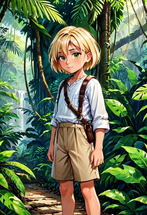 a handsome cute 8 years old boy, blonde bob haircut, colonization outfit age, at the jungle
