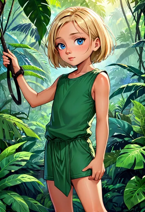 a handsome cute 8 years old boy, blonde bob haircut, colonization outfit age, at the jungle
