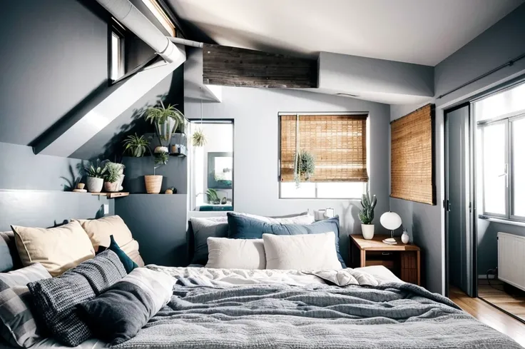 there is a bed with a blanket and pillows in a room, bedroom interior, picture of a loft in morning, fresh modern look, serene bedroom setting, small bedroom, cozy and calm, soft grey and blue natural light, inside of a bedroom, cozy bed, bedroom backgroun...