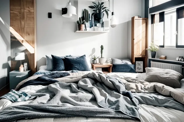 there is a bed with a blanket and pillows in a room, bedroom interior, picture of a loft in morning, fresh modern look, serene bedroom setting, small bedroom, cozy and calm, soft grey and blue natural light, inside of a bedroom, cozy bed, bedroom backgroun...