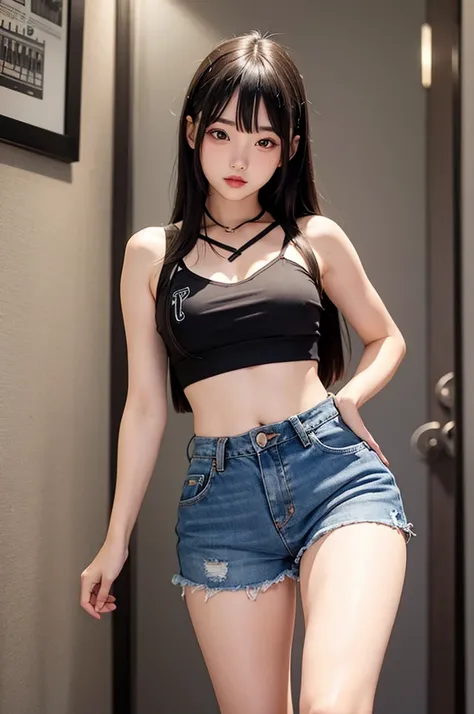 sexy short flat chess girl in croptop, stocking and extremely short jean shorts