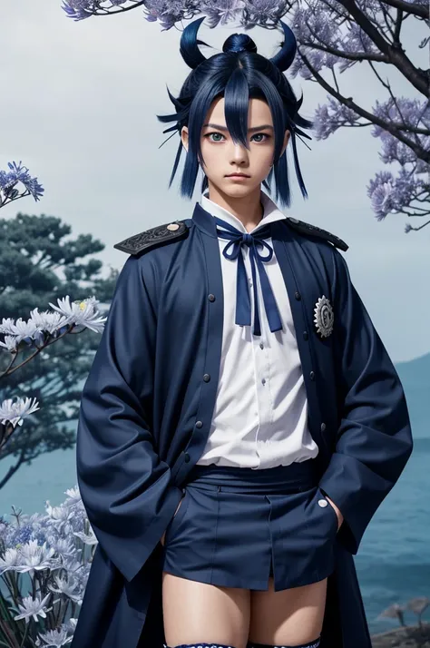 Captura de pantalla de Kimetsu No Yaiba.
Make a girl a demon hunter, Navy blue hair with blue at the tips, serious expression and blue eyes, He is wearing an open Haori like the hunters, white with blue dots on the tips, and images of The Blue Spider Lily ...